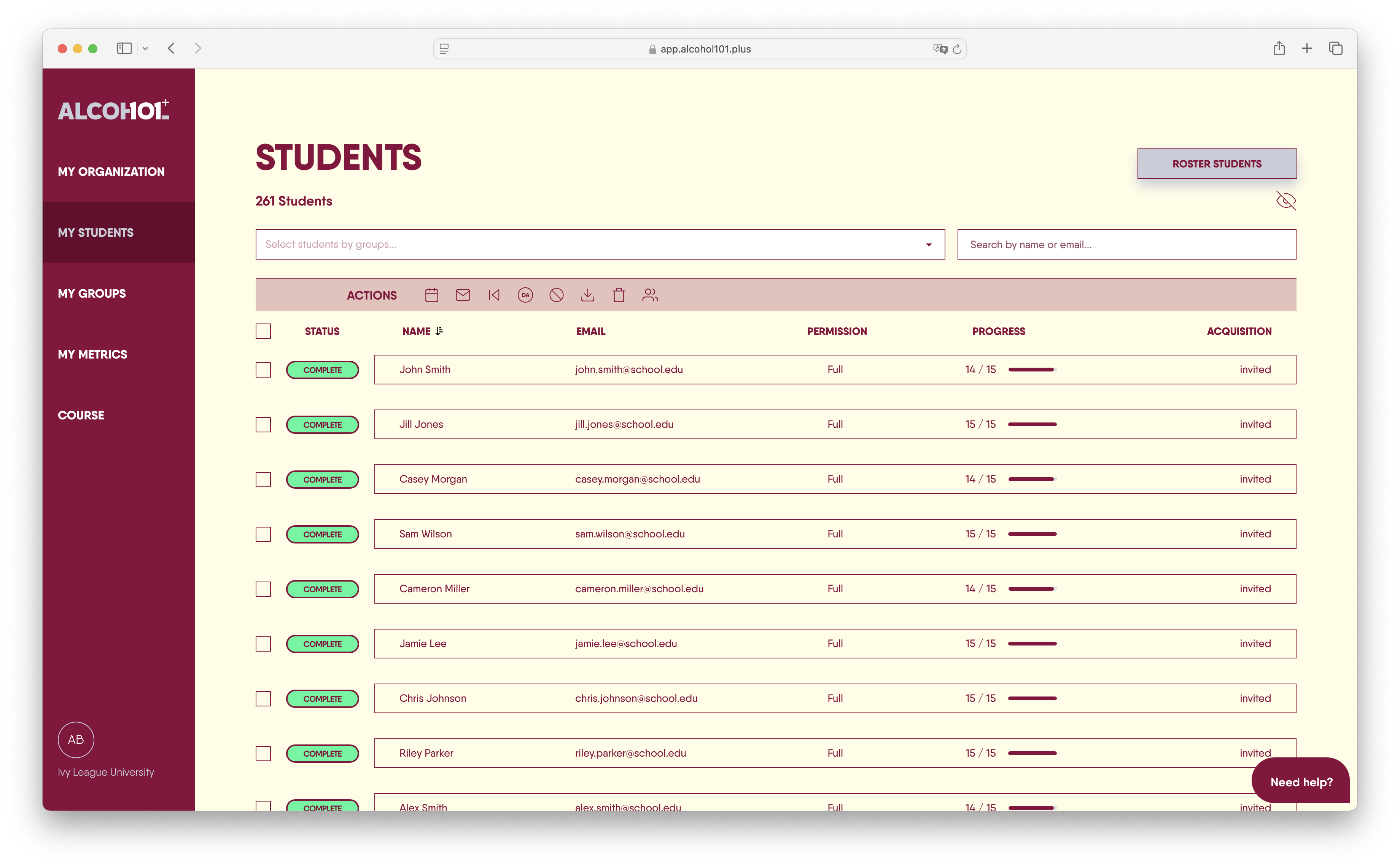 Alcohol101+ student roster and course-progress administration