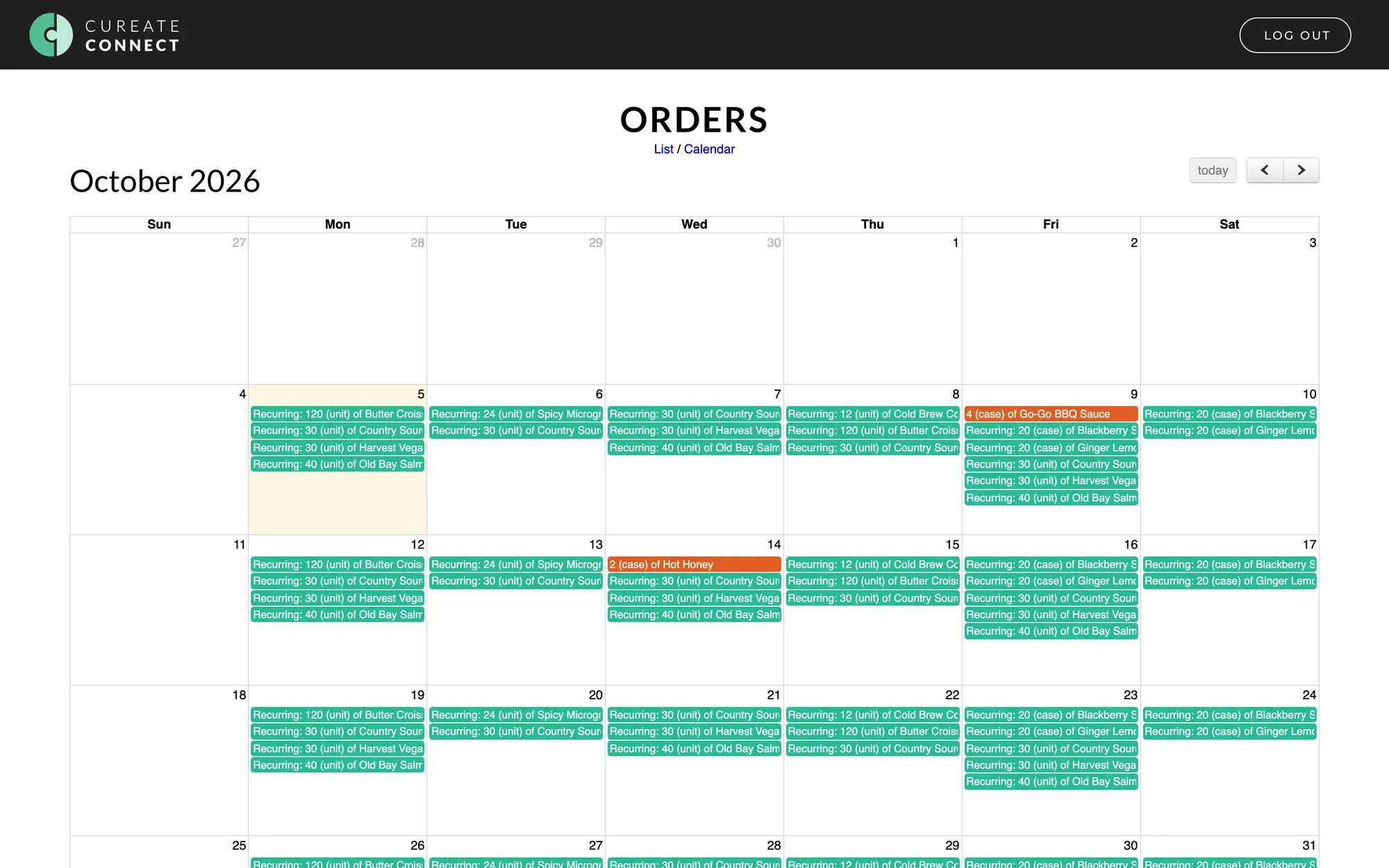 Cureate Connect order calendar showing recurring and one-time deliveries across vendors for the month