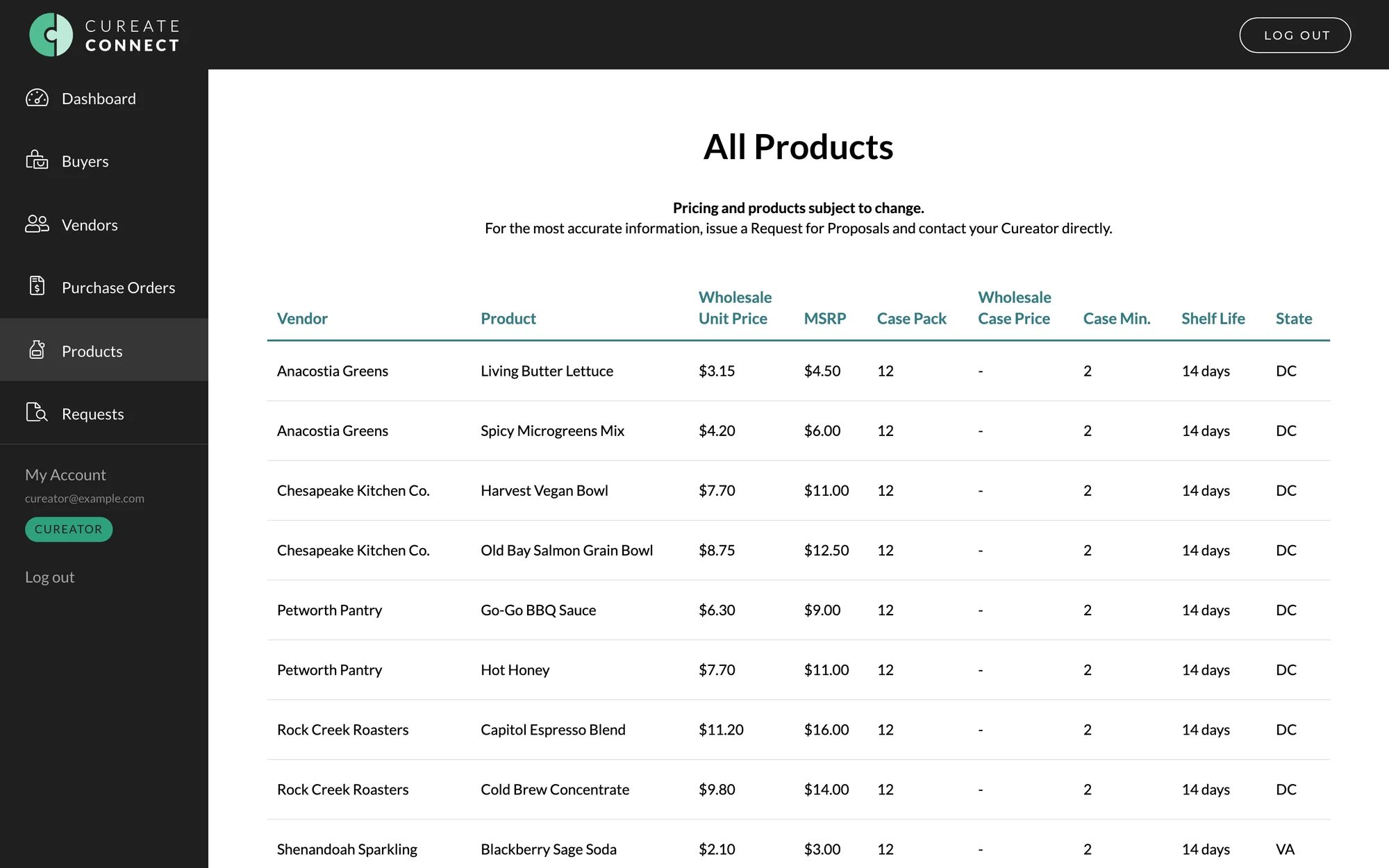 Wholesale product catalog with unit, case and MSRP pricing, case minimums and shelf life by vendor