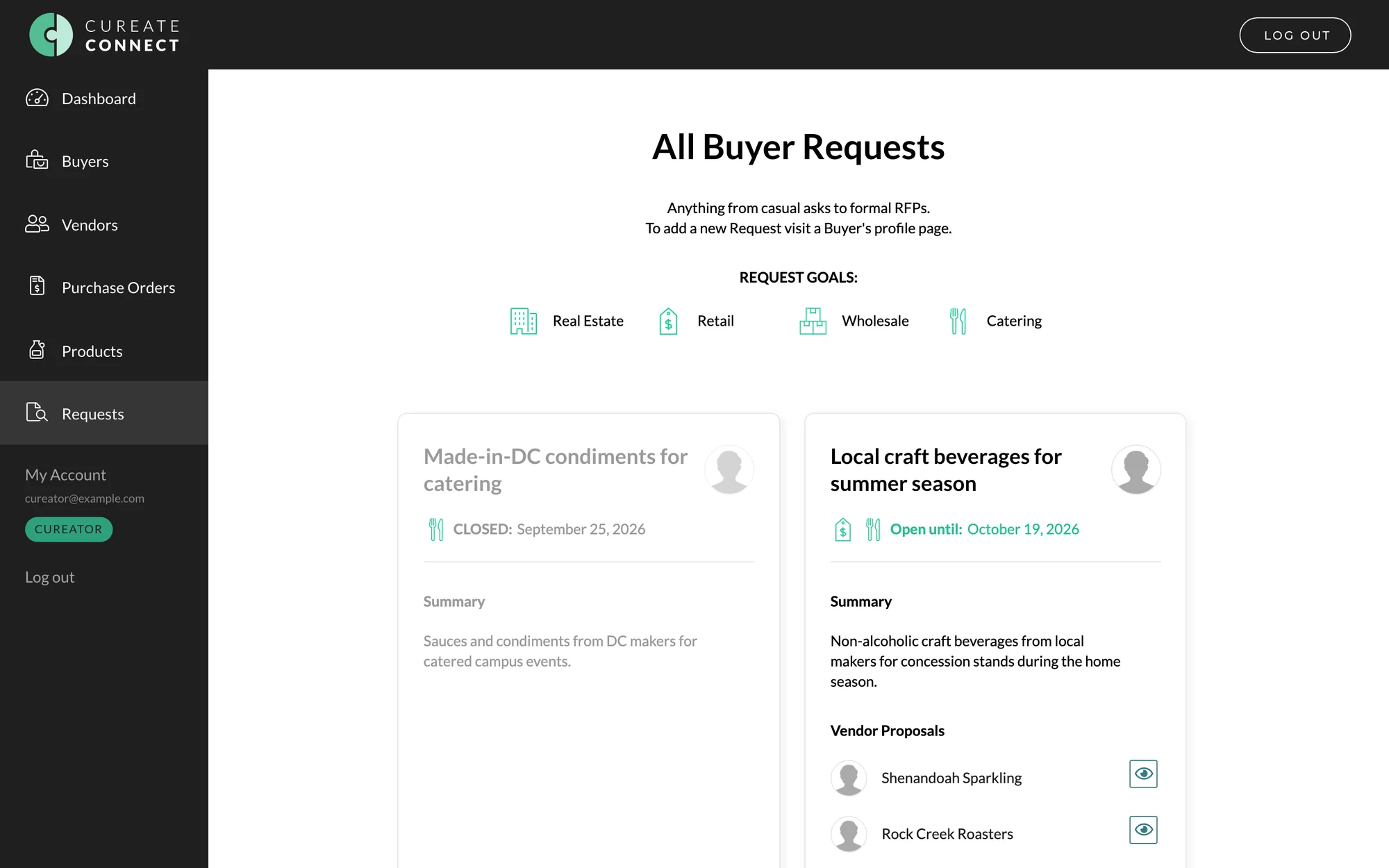 Buyer requests with open and closed dates and vendor proposals attached