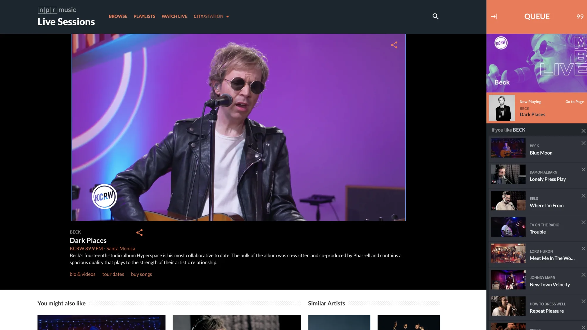 NPR Live Sessions playback experience with performance video and listening queue