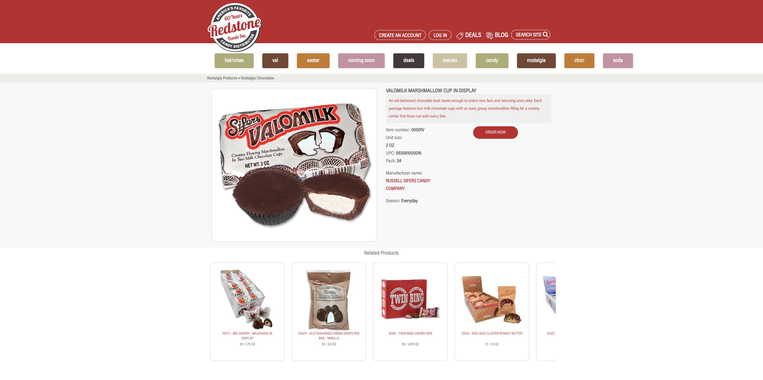 Valomilk product page with product image, pack size, UPC, manufacturer, and related products