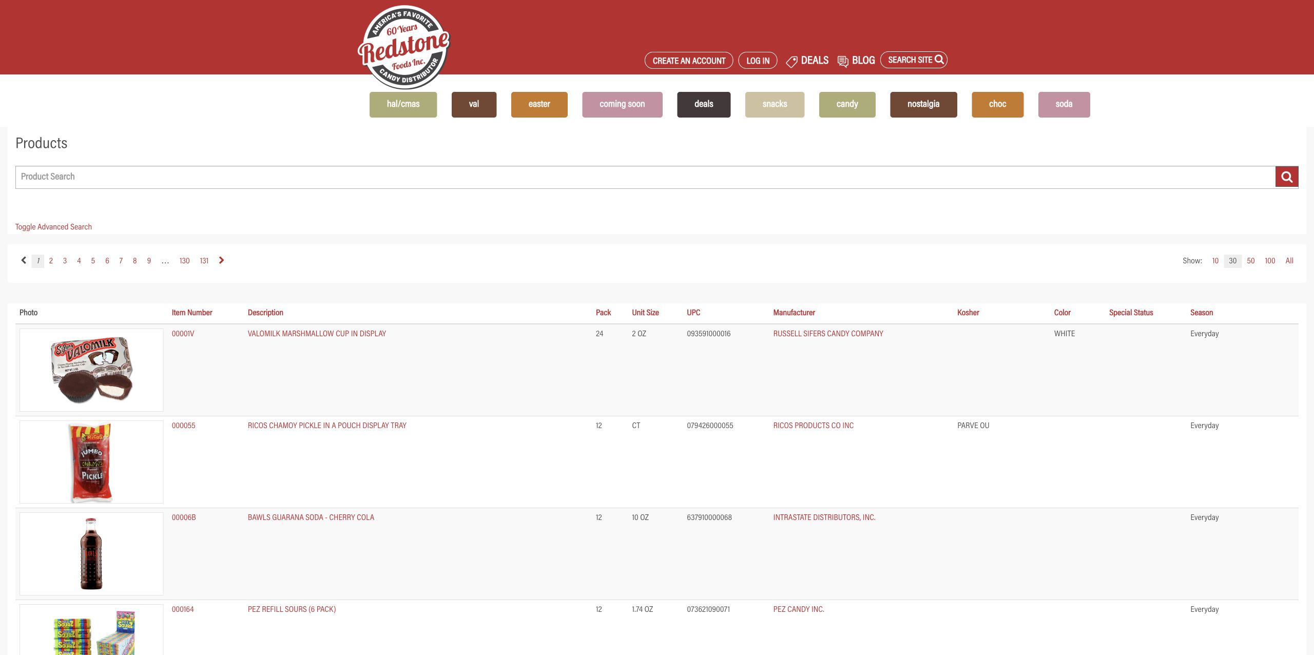 Redstone product catalog with photos, item numbers, pack sizes, and manufacturer information