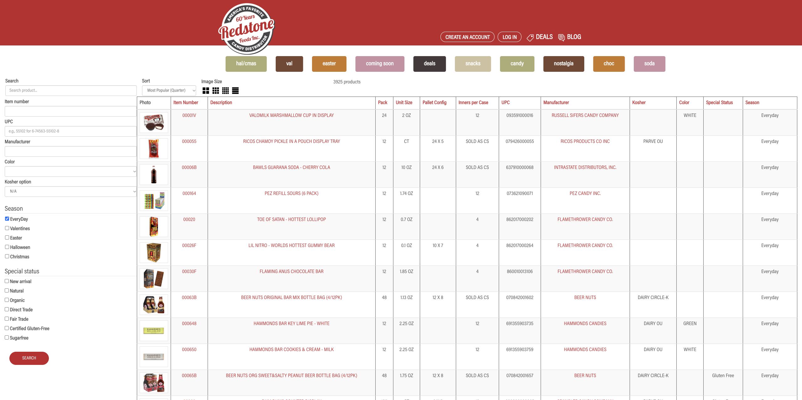 Advanced search with item number, UPC, manufacturer, season, and dietary filters alongside a wholesale product table