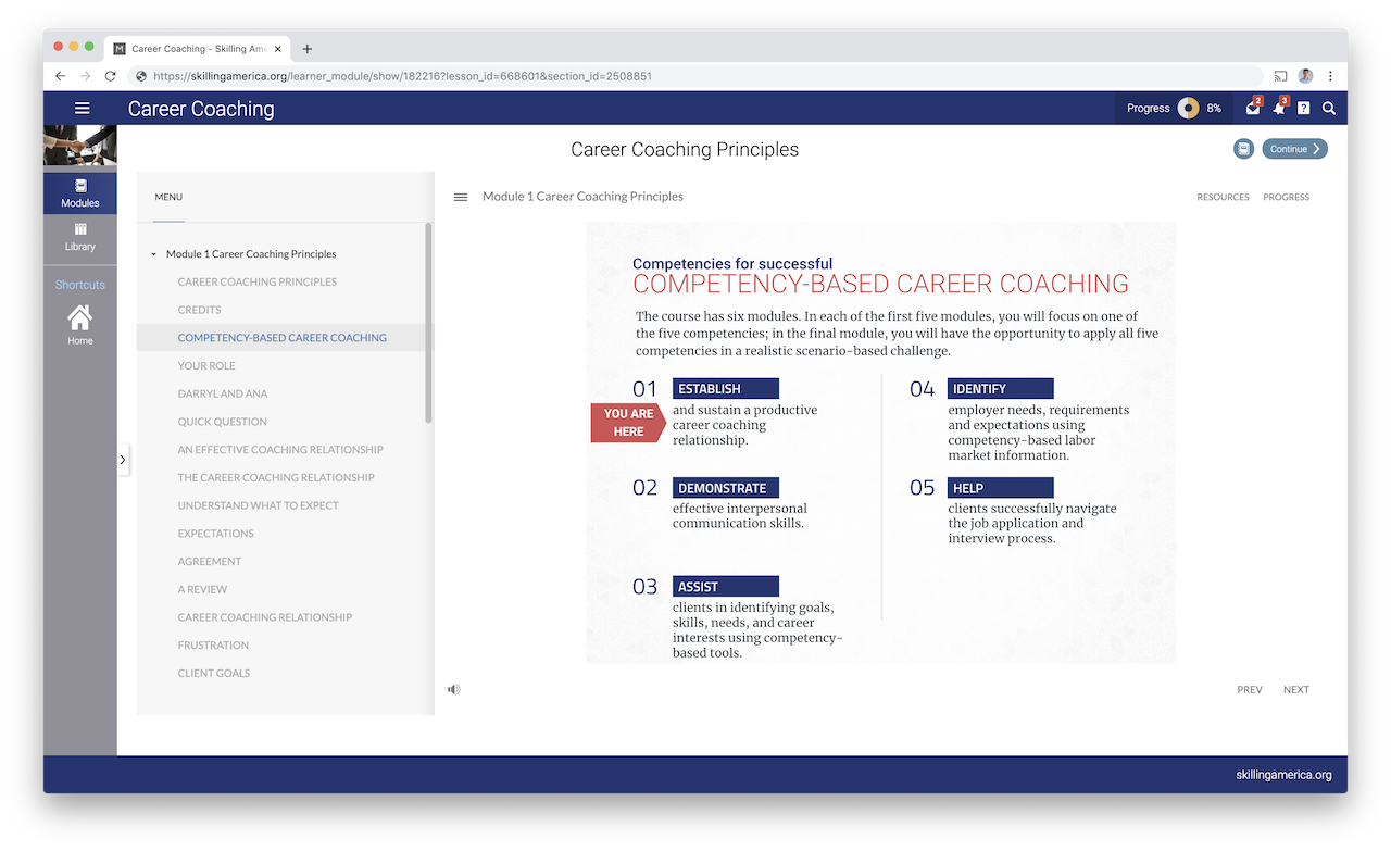 The e-learning experience inside the Skilling America platform.