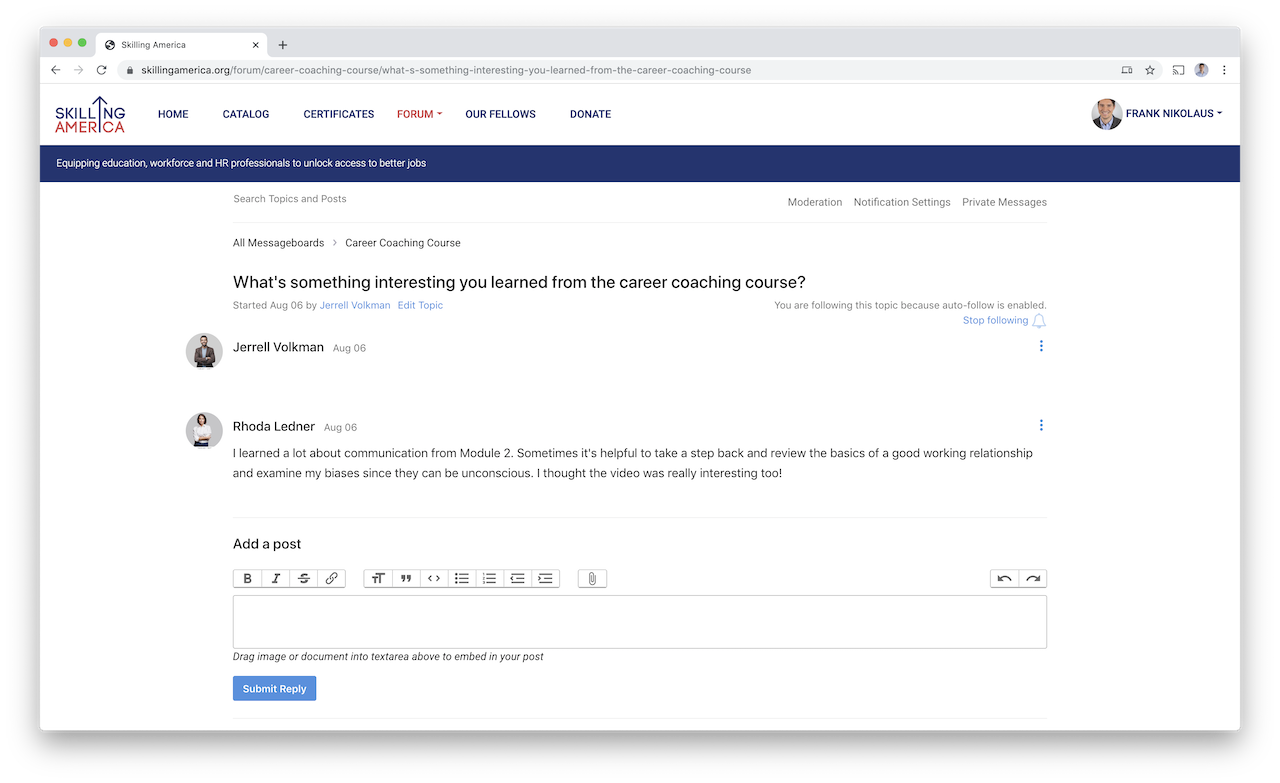 Skilling America community messageboard activity