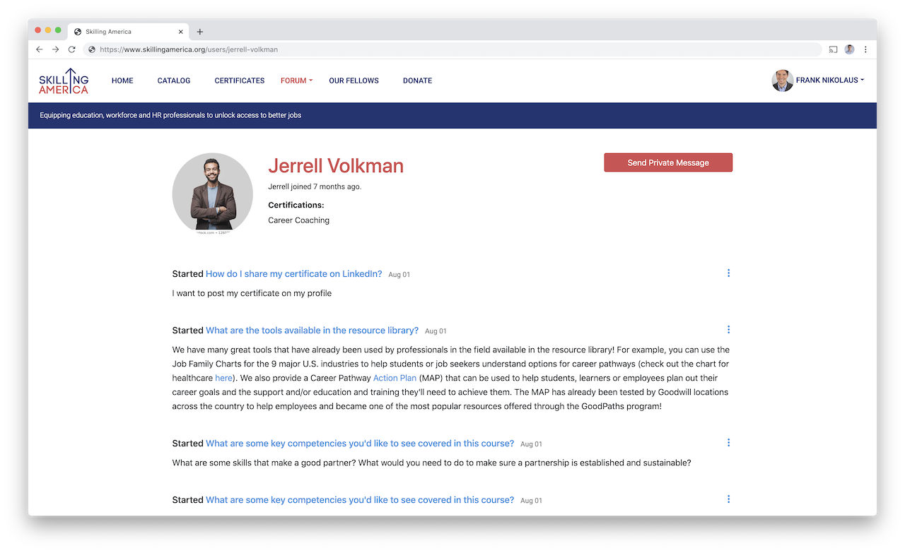 Individual learner profile highlighting the certifications earned, community messageboard activity, and professional summary.