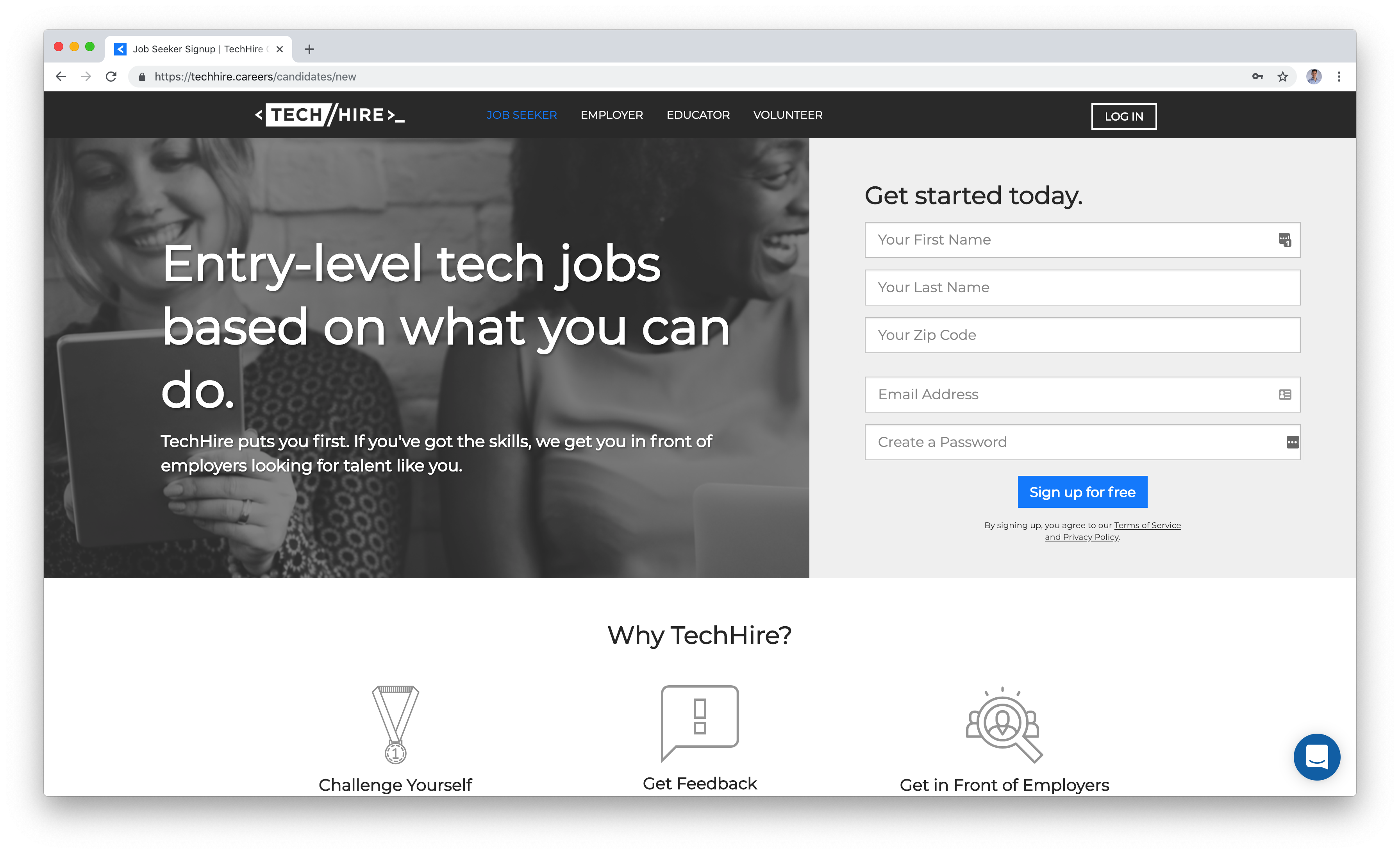 Sign up pages for job seekers