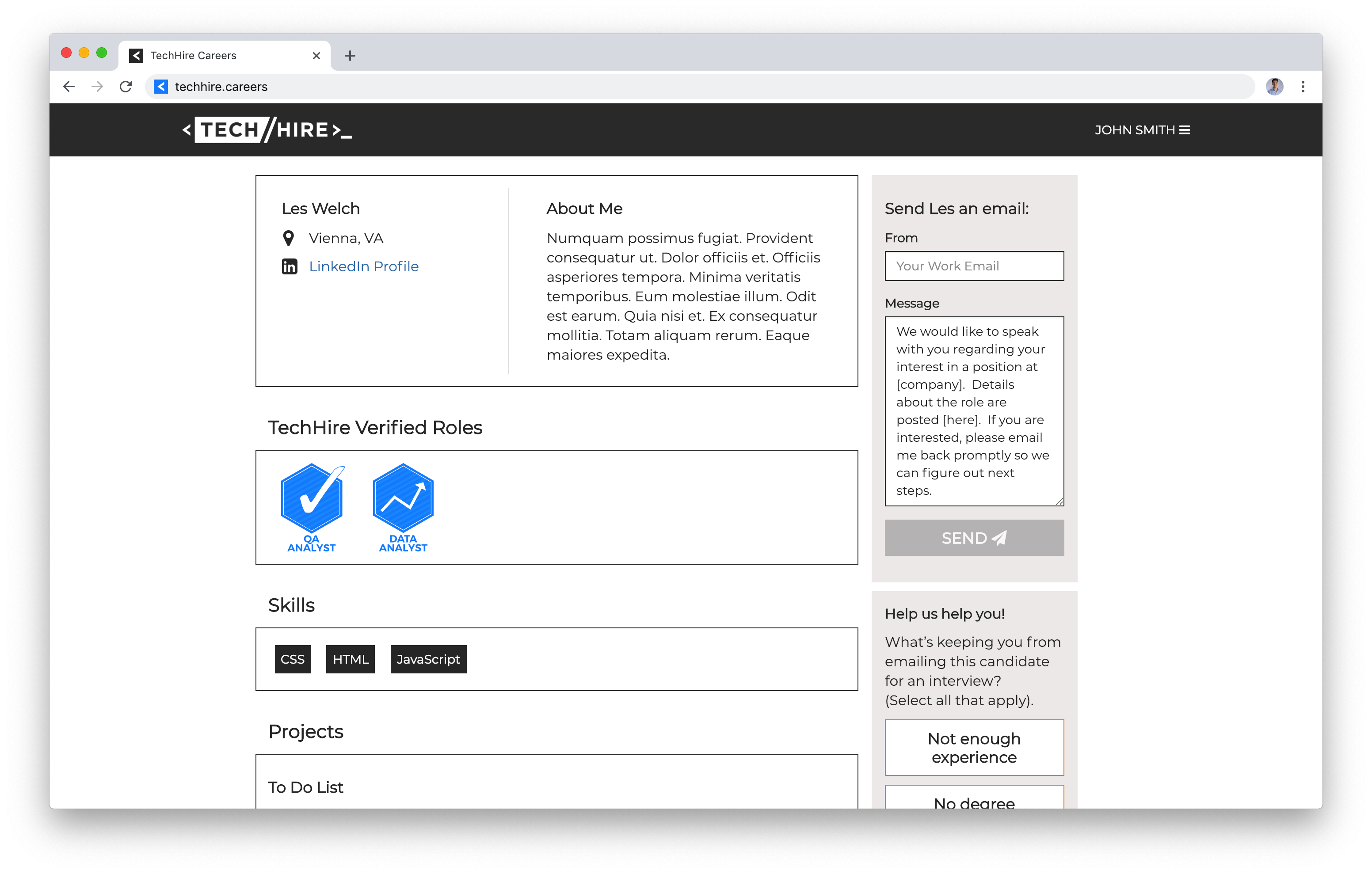 Job seeker profile showcasing passed tech assessments, relevant skills and projects