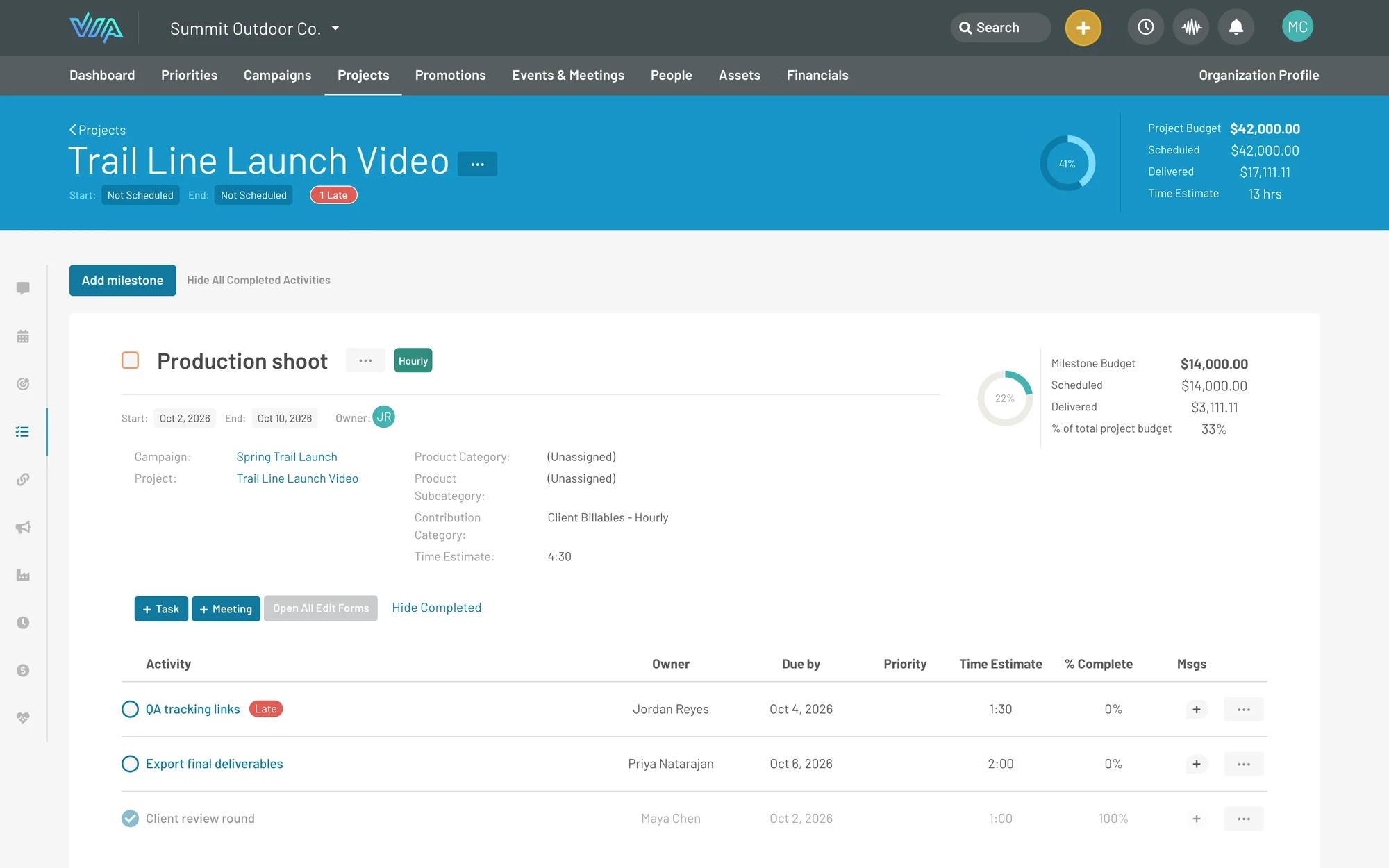 Via project detail with milestone budget, delivered hours, and an assigned task list