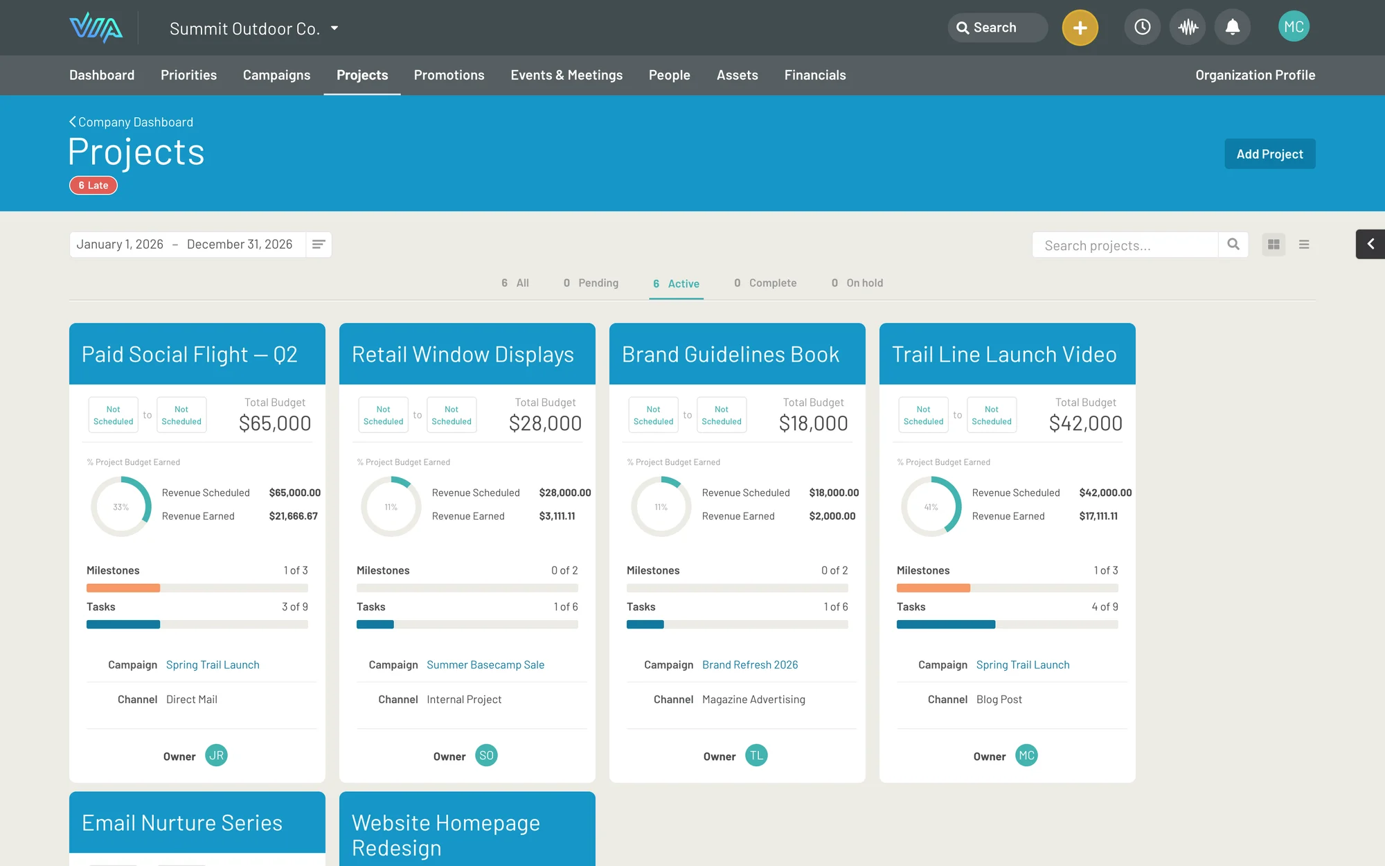 Via projects board with budget, revenue earned, milestone, and task progress for each project